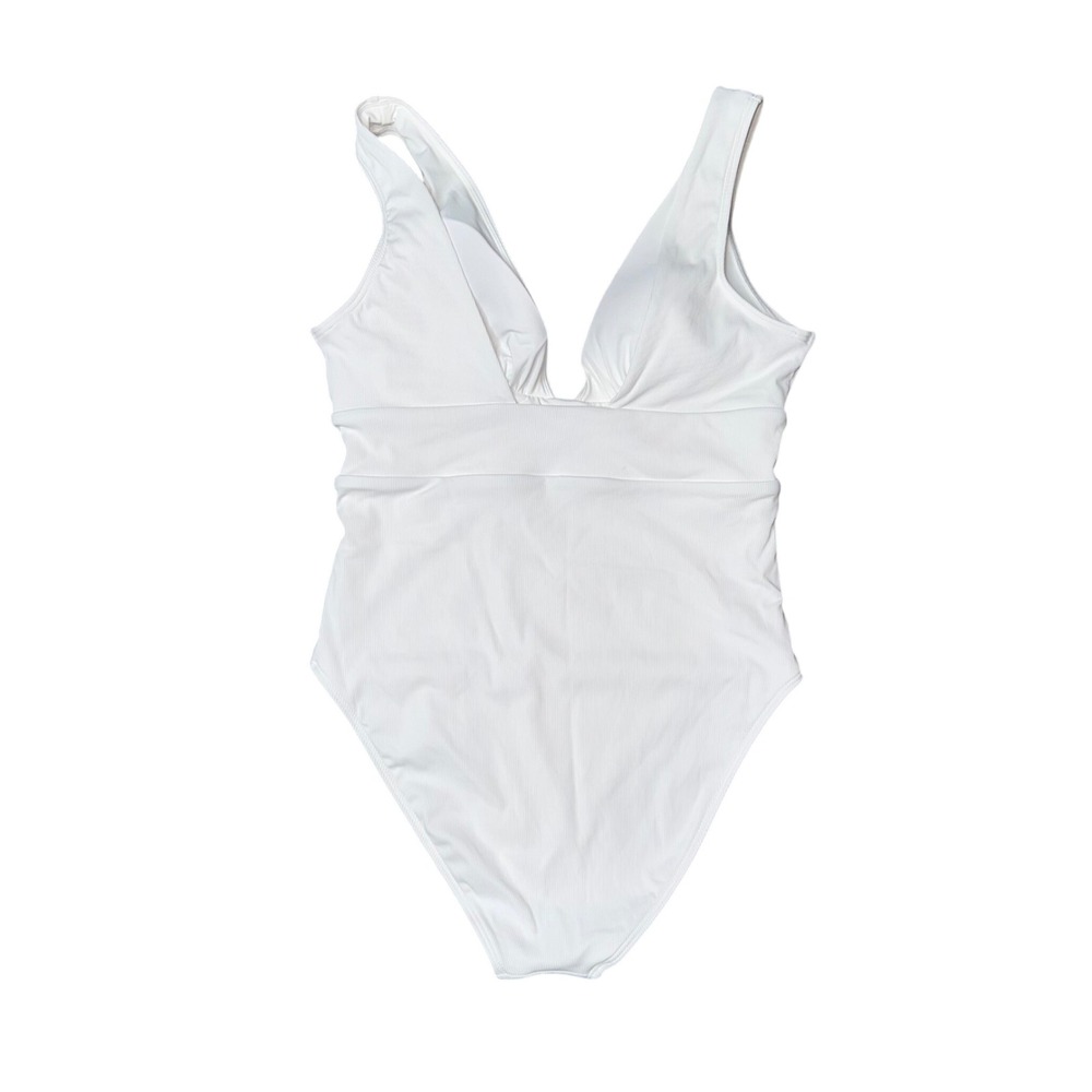 Quince One Piece Swimsuit Womens Large White Good Ribbed V-Neck ATG001 - Picture 5 of 6